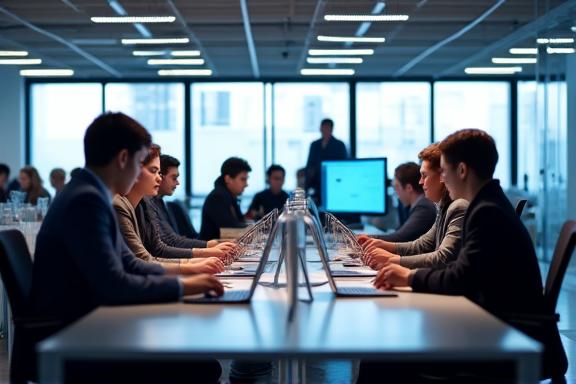 Modern tech office with employees collaborating