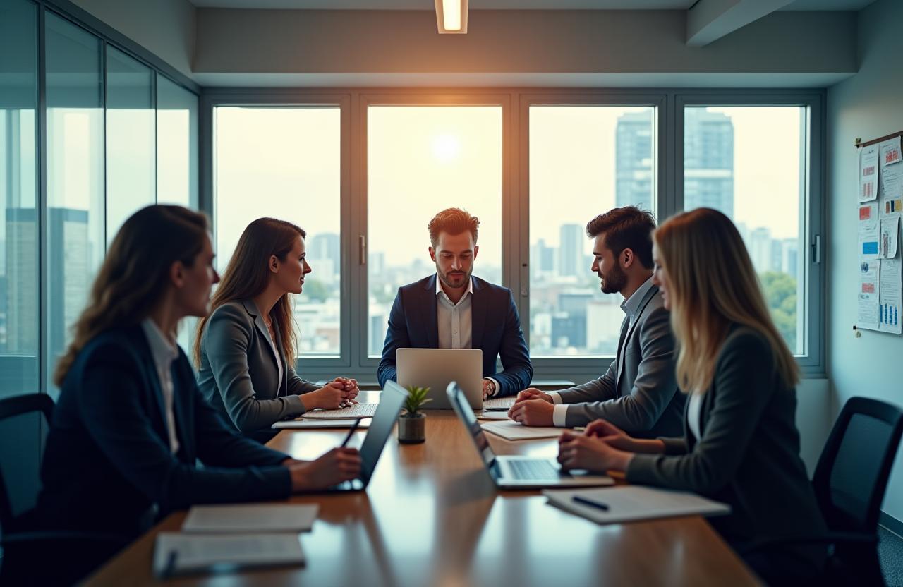 Professional team collaborating in a modern office, representing HR strategy and technology